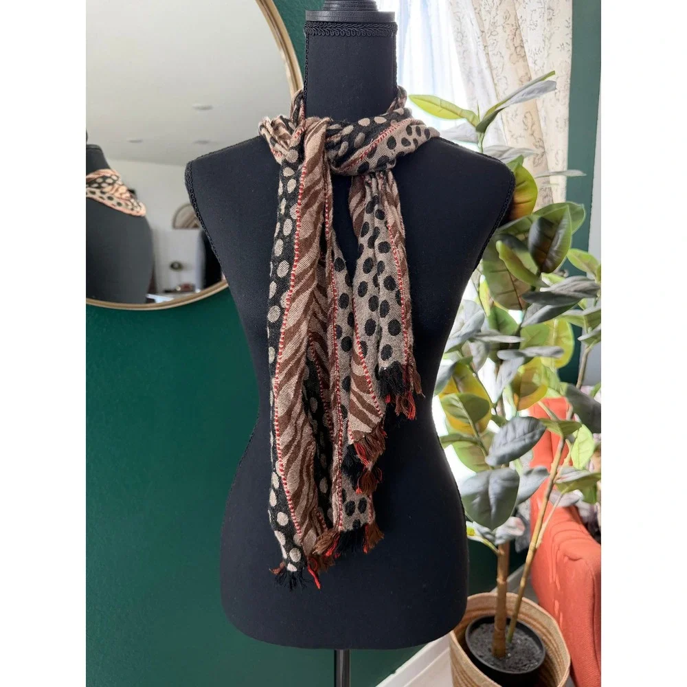 Liz Claiborne Scarf Womens OS Brown Black Eclectic Bohemian Neutral Artsy Soft‎